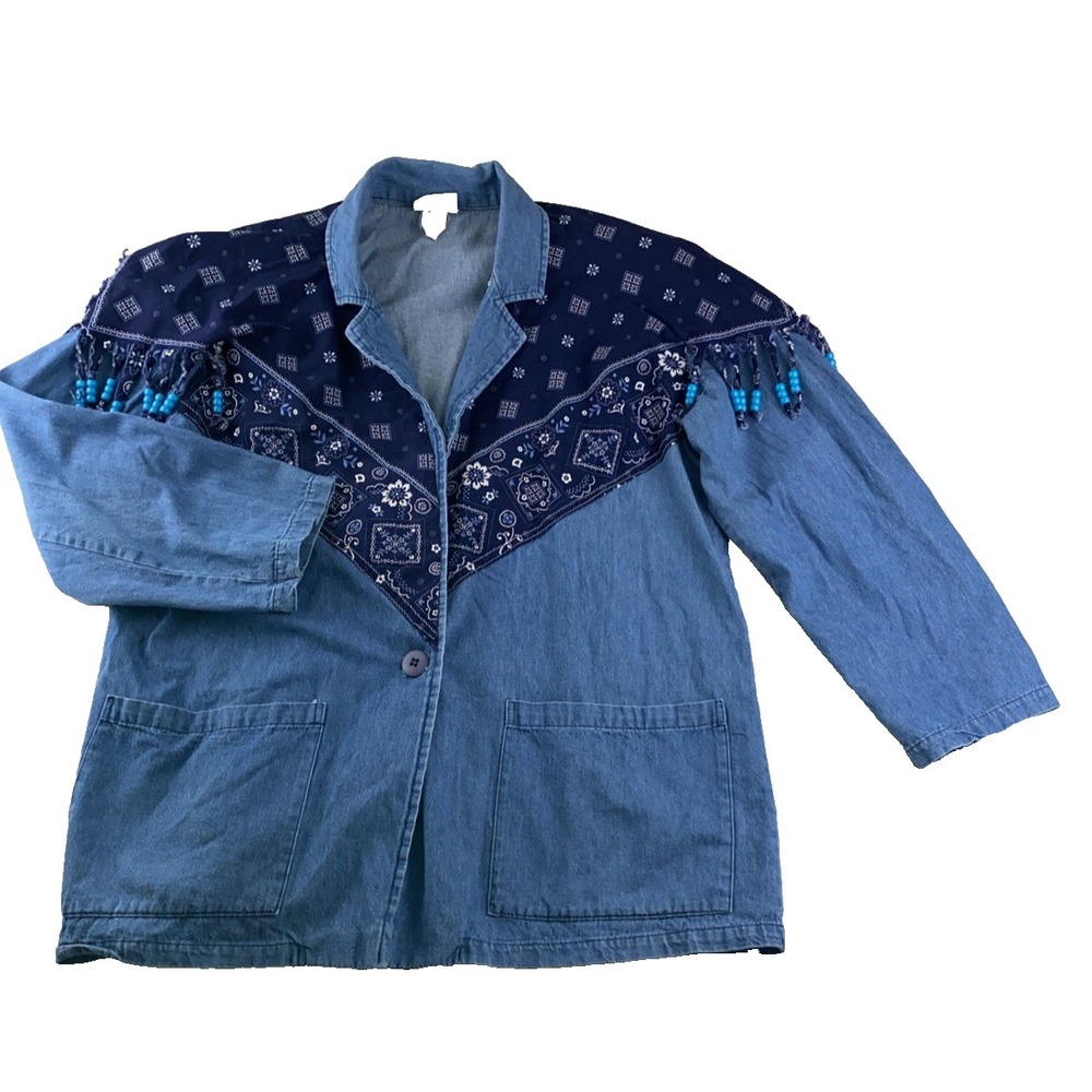 VTG western denim cotton blazer womens L beaded southwestern USA lightweight - Picture 2 of 13